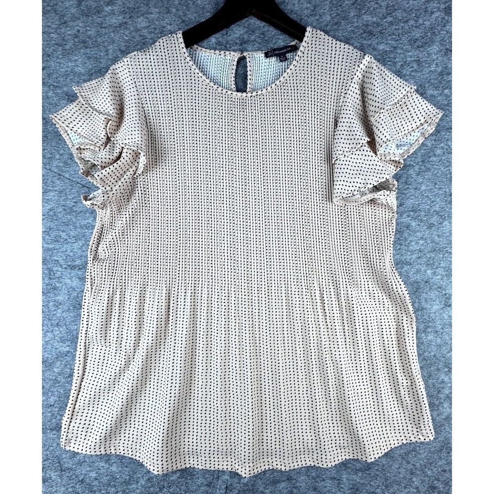 Adrianna Papell Women Tan and Black Dot Flutter Sleeve Shirred Top Size Medium